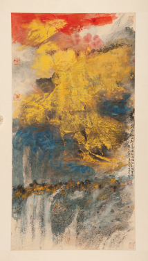 An exhibit from Clouds of Ink, Pools of Colour
Frost on Autumn Mountain 
Hou Beiren
2018
Ink and colour on paper
142 x 74 cm
Gift of Hou Beiren
HKU.P.2019.2459
©University Museum and Art Gallery, The University of Hong Kong